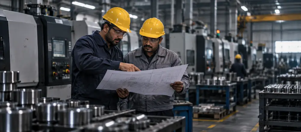 ABC engineers reviewing a component drawing on the factory floor